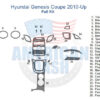 Illustration of a full kit, Fits Hyundai Genesis Coupe 2010 2011 2012, showcasing numbered components such as the trunk release, driver/passenger door panels, radio, A/C controls, and window switches.
