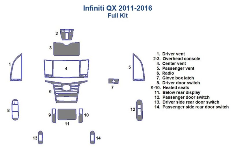 A diagram showing the parts of the interior of an Infiniti GX with a Fits Infiniti QX 2011 2012 2013 2014 2015 2016 Full Dash Trim Kit.