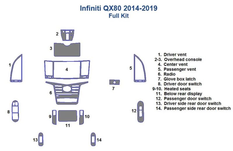 Fits Infiniti QX80 2014 2015 2016 2017 2018 2019 Full Dash Trim Kit fuel kit diagram.