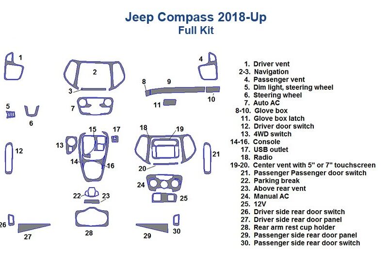 Jeep Compass 2018-Up Full Dash Trim Kit wiring diagram for installing an interior dash trim kit or wood dash kit.
