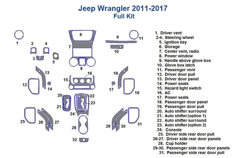 Fits Jeep Wrangler 2011 2013 2013 2014 2015 2016 2017 Full Dash Trim Kit features an Interior dash trim kit.