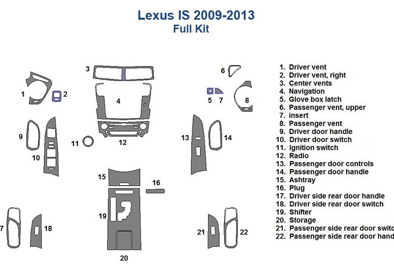 Diagram of a Fits Lexus IS 2009-2013 Full Dash Trim Kit, displaying numbered parts from 1 to 23, including vents, navigation system, speakers, and door handles.