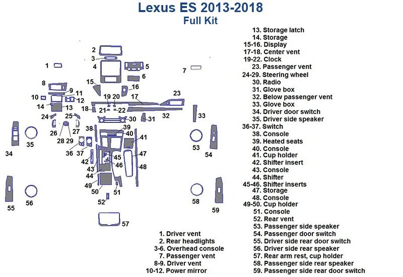 Fits Lexus ES 2013 2014 2015 2016 2017 2018 Dash Trim Kit includes a fuse box diagram.