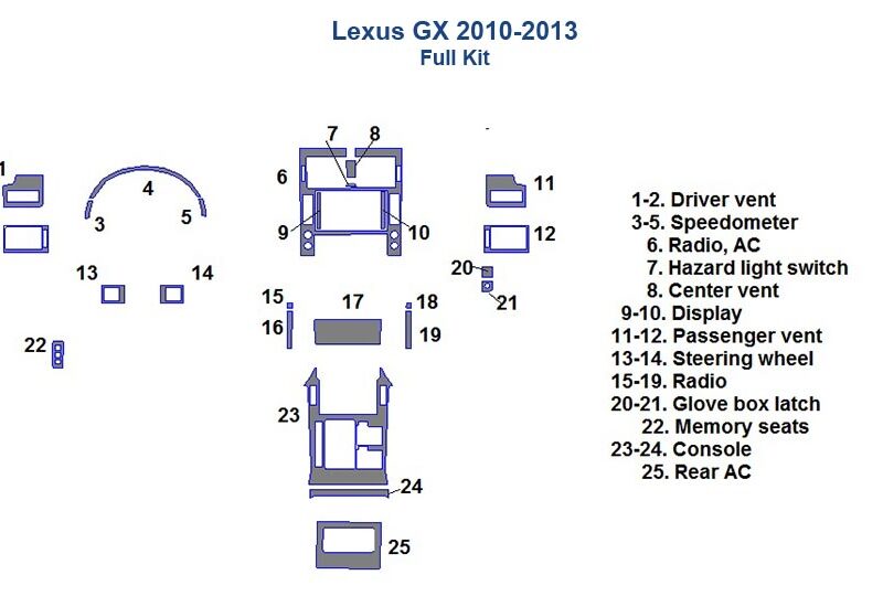 A diagram showing the parts of a Lexus GX with a Fits Lexus GX 2010 2011 2012 2013 Dash Trim Kit.