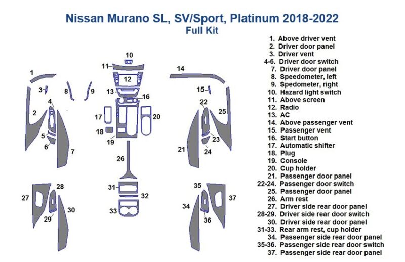 Fits Nissan Murano SL, SV/Sport, Platinum 2018 2019 2020 2021 2022 wiring diagram with interior car kit.