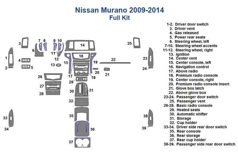 Fits Nissan Murano 2009 2010 2011 2012 2013 2014, Full Dash Trim Kit wiring diagram for interior car kit.