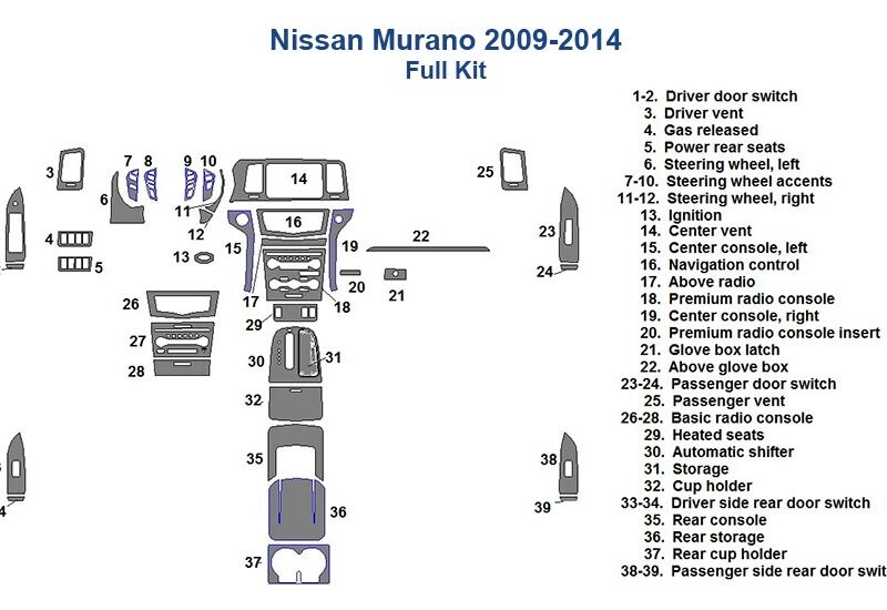 Fits Nissan Murano 2009 2010 2011 2012 2013 2014, Full Dash Trim Kit wiring diagram for interior car kit.