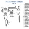 Dash Trim Kit diagram for Fits Porsche 911/916 (1998-2001) with numbered components like vents, stereo, and controls; features a parts list on the right.