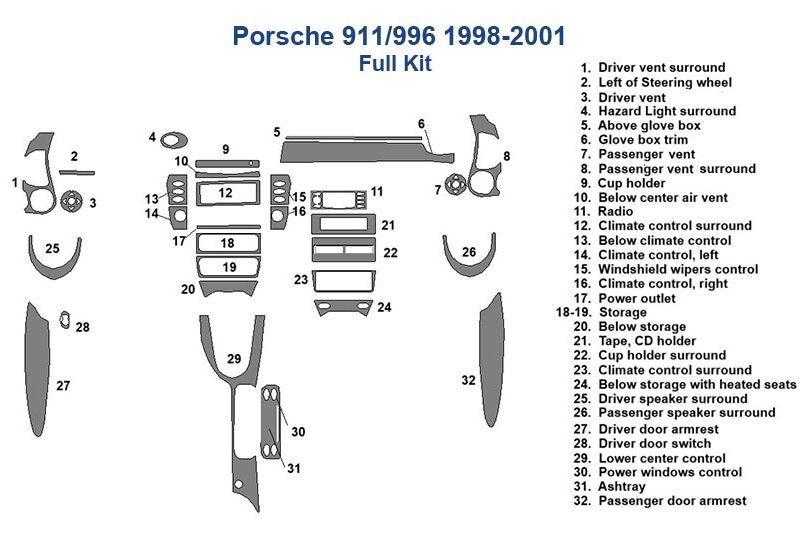 Dash Trim Kit diagram for Fits Porsche 911/916 (1998-2001) with numbered components like vents, stereo, and controls; features a parts list on the right.