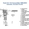 Diagram of a Fits Saab 9-3 / 9-3 Convertible 1999-2002 Dash Trim Kit for automatic 2 and 4-door models, showing numbered dash trim pieces with corresponding parts list.
