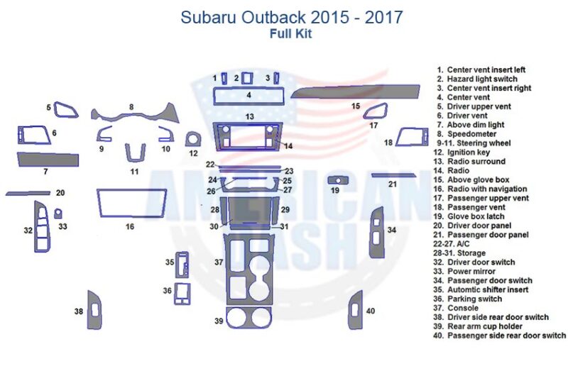 The Fits Subaru Outback 2015 2016 2017 Full Dash Trim Kit is an Interior dash trim kit option.