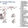 Diagram of Fits Toyota Tundra 2022-Up Full Dash Trim Kit, displaying 44 labeled dashboard and interior trim pieces with descriptions on the right. Designed for a perfect fit on Toyota Tundra models up to 2026.