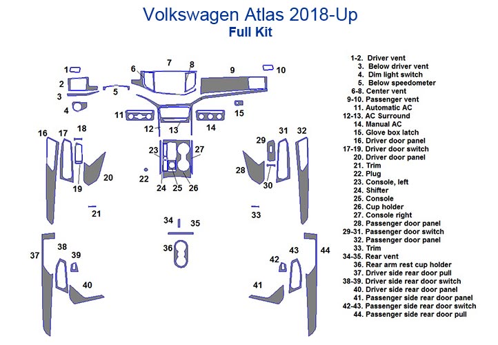 Fits Volkswagen Atlas 2018-Up Dash Trim Kit offers a full kit wiring diagram for car dash accessories.
