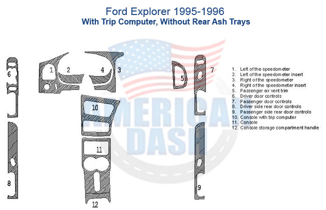 A diagram of the interior of a Fits Ford Explorer 1995-1996 Dash Trim Kit, 4 Doors, With Trip Computer with a wood dash kit.