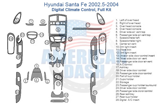 Fits Hyundai Santa Fe 2002.5 2003 2004 Digital Climate Control Full Dash Trim Kit.