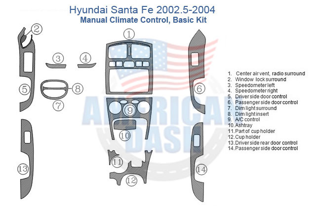 Fits Hyundai Santa Fe 2002.5 2003 2004 Basic Dash Trim Kit, Manual Climate Control interior car kit.