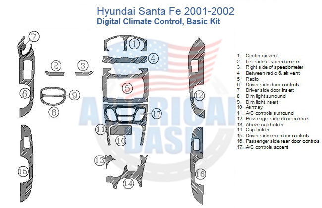 Fits Hyundai Santa Fe 2001-2002 Basic Dash Trim Kit, Digital Climate Control car dash kit with digital climate control backup.