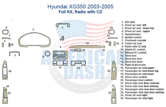 Hyundai yukon with a Fits Hyundai XG350 2003-2005, Full Kit, Radio with CD car kit.
