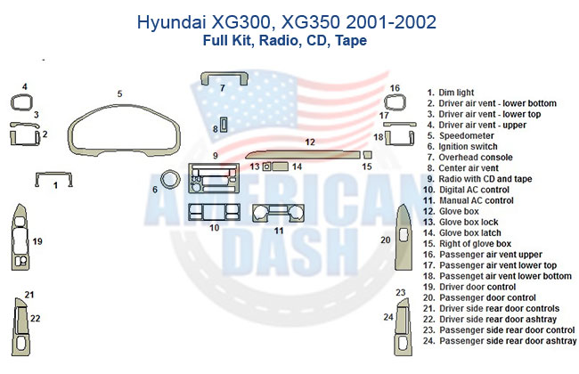 Hyundai car owners can enhance the interior of their vehicles with a Fits Hyundai XG300, XG350 2001-2002, Full Kit, Radio, CD, Tape, an excellent accessory for their cars.