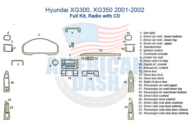 Hyundai XG300, XG350 2001-2002 car dash kit with a wood dash kit.