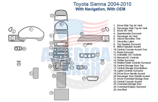 Toyota Sienna 2006-2010 interior parts diagram with car dash kit for accessories.
