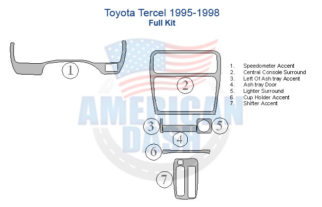 A diagram of a car dashboard with accessories for the Fits Toyota Tercel 1995-1998, Full Kit.