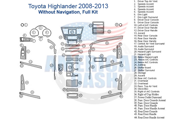 Fits Toyota Highlander 2008 2009 2010 2011 2012 2013 Full Dash Trim Kit, Without Navigation