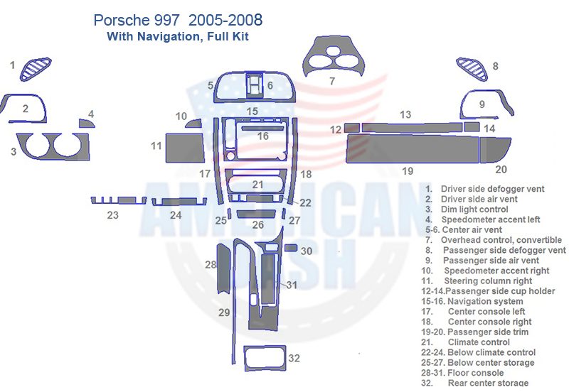 A diagram of a car dashboard including a Fits Porsche 997 2005 2006 2007 2008 Full Dash Trim Kit, With Navigation.
