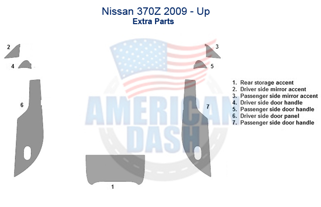 A diagram of car parts, including a Fits Nissan 370Z 2009-Up Full Dash Trim Kit, Without Navigation, SingleCD-Radio and accessories for the car.