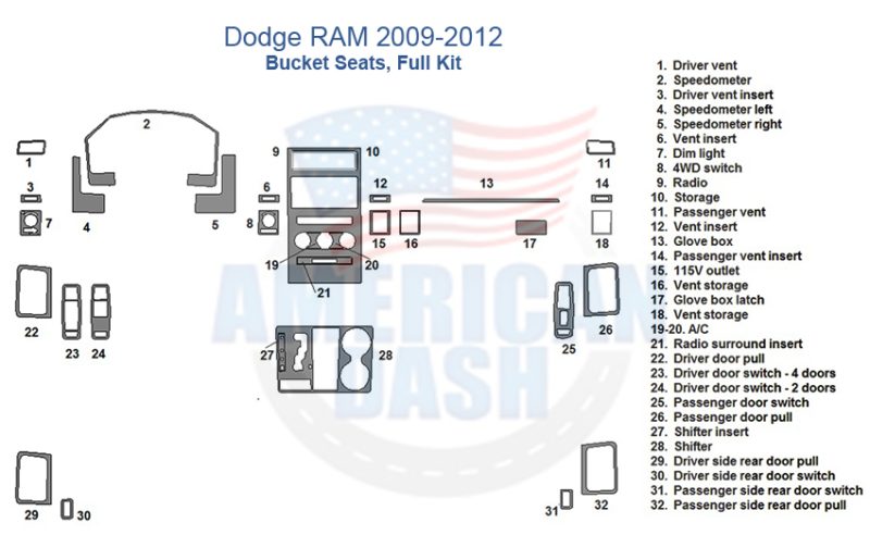 A diagram of a vehicle seat with a Fits Dodge RAM 2009 2010 2011 2012 Dash Trim Kit, Bucket Seats.