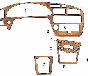 A diagram of the interior of a car showcasing the Wood dash kit and Interior dash trim kit accessories compatible with Toyota Camry 1992-1996 for car.