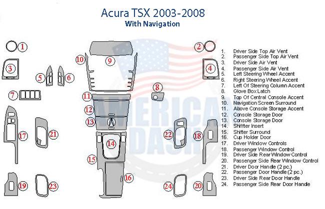 A diagram showing the parts of an Acura TSX 2008 dash trim kit.