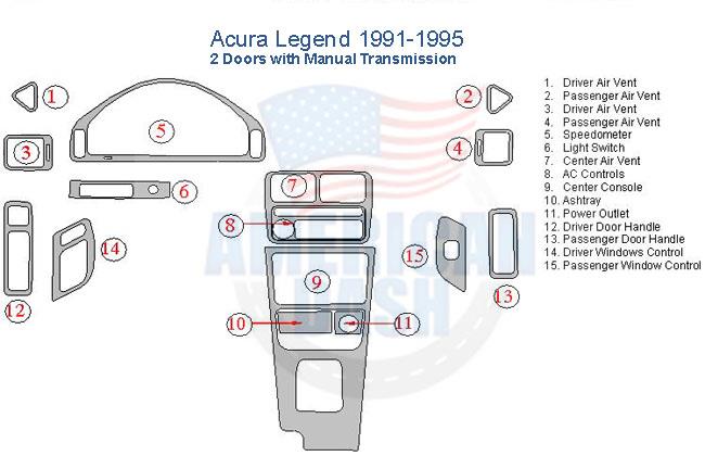 The Acura Legend's interior can be enhanced with an Interior dash trim kit or an Interior car kit.