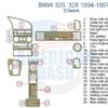 A diagram showing the parts of a BMW dashboard with interior dash trim kit and accessories for car.