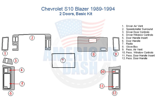 Fits Chevrolet S10 Blazer 1989 1990 1991 1992 1993 1994 Basic Dash Trim Kit, 2 Doors with wood dash and interior car trim kit.