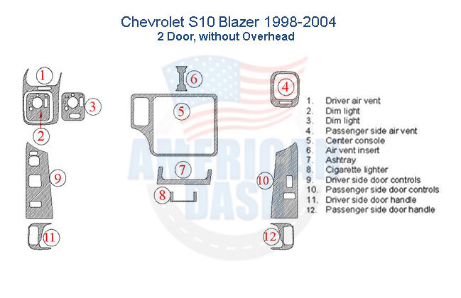 Fits Chevrolet S10 Blazer 1998 1999 2000 2001 2002 2003 2004 Dash Trim Kit, Without Overhead, 2 Doors Chevrolet sl blazer interior dash trim kit.