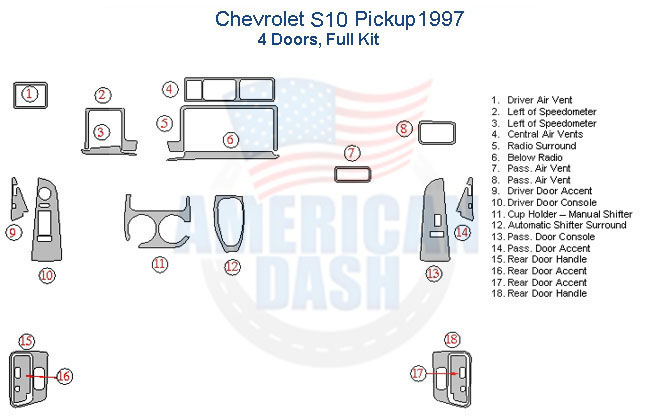 Fits Chevrolet S10 Pickup 1997 Full Dash Trim Kit, 4 Doors wood dash kit - car dash kit - interior car kit.