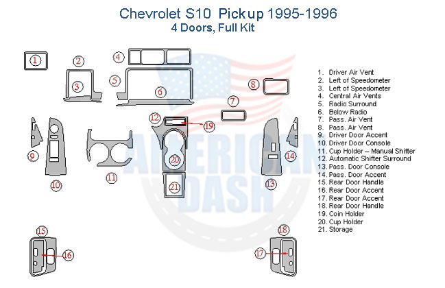 Fits Chevrolet S10 Pickup 1995-1996 Full Dash Trim Kit, 4 Doors accessories for car, door panel, and car dash kit.