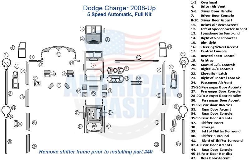 A diagram of the interior of a dodge charger with wood dash kit accessories for car.