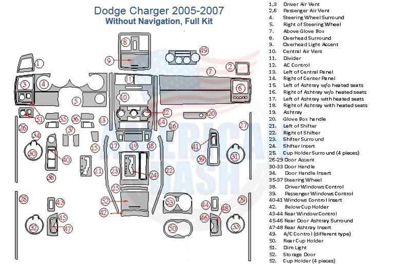 Dodge charger 2006 - 2007 interior parts diagram for car dash kit and accessories.
