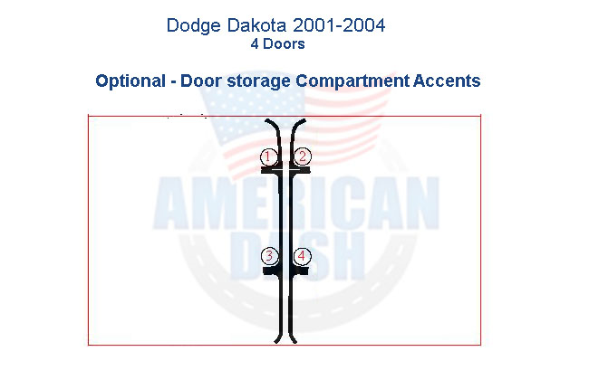 Fits Dodge Dakota 2001 2002 2003 2004 Dash Trim Kit, 4 Doors, Bucket Seats, Without Door Panels includes door storage compartment accents.