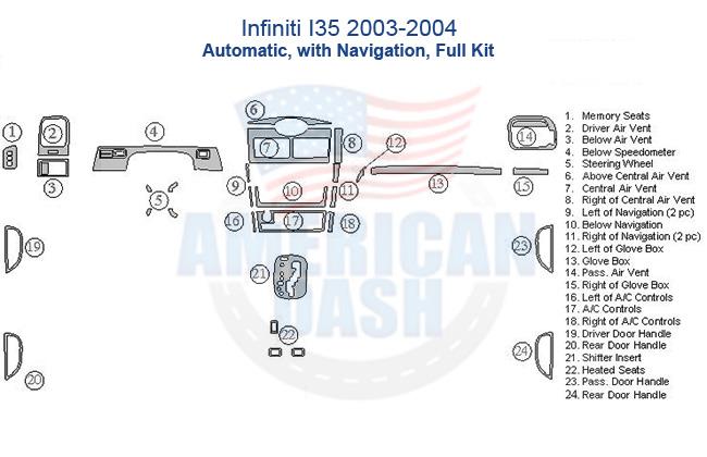 A diagram showing the parts of a steering wheel for a Ford Infiniti car, including interior car kit accessories and dash trim kit.