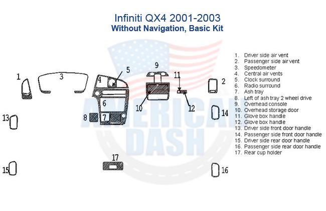 Ford infiniti xxx-2000 interior dash trim kit with navigation and accessories for car.