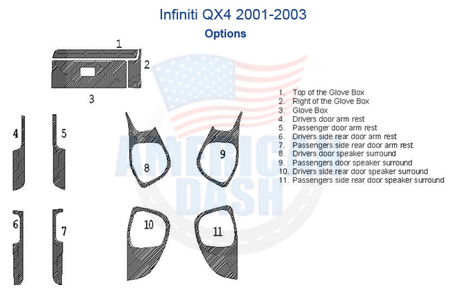 Honda Fits Infiniti QX4 2001 2002 2003 is a car model that can be enhanced with the addition of interior Basic Dash Trim Kit, Without Navigation accessories.