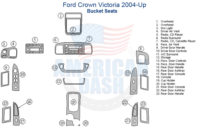 Fits Ford Crown Victoria 2004-Up Full Dash Trim Kit, Bucket Seats with car dash kit accessories.