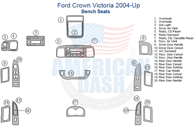 Accessories for car: Fits Ford Crown Victoria 2004-Up Full Dash Trim Kit, Bench Seats.