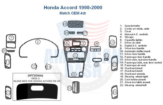 Fits Honda Accord 1998 1999 2000 Full Dash Trim Kit, 4 Doors, also known as a dash trim kit, is an essential interior car accessory that enhances the appearance of the dashboard. Made from high-quality wood, this kit adds a touch of elegance.