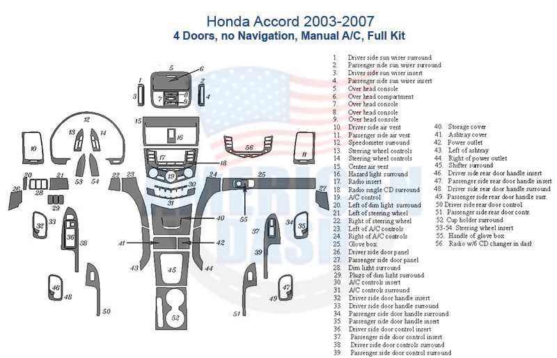 Honda accord 2006-2007 interior parts diagram, including the Wood dash kit and Interior car kit.