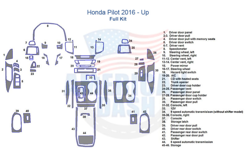 A blueprint of a Fits Honda Pilot 2016-Up Full Dash Trim Kit, 4 Doors.