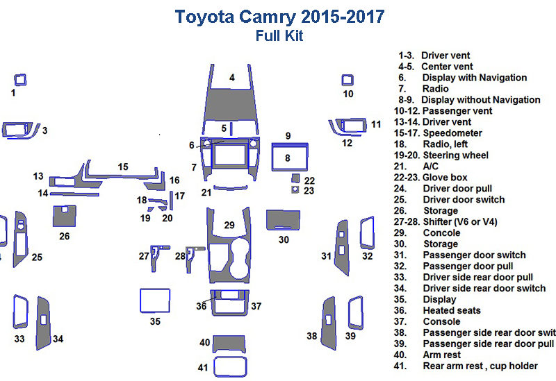 Fits Toyota Camry 2015 2016 2017 Full Dash Trim Kit - interior parts diagram including an Interior dash trim kit and Accessories for car.